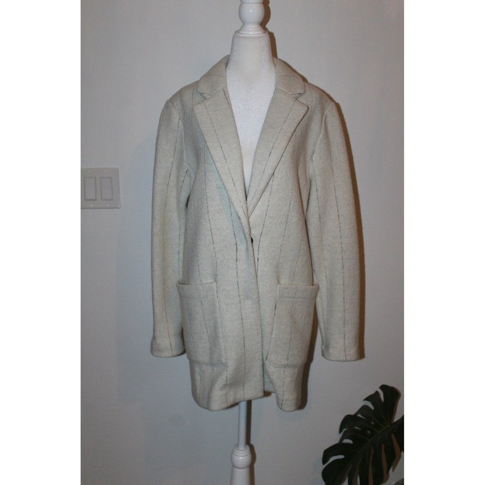 Rachel Zoe Women's Cream Grey Wool Blend Pinstripe Longline Knit Blazer Coat S